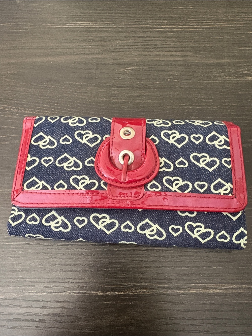 Navy denim Heart Print Wallet with Red Trim - Picture 1 of 5